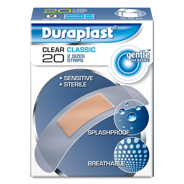 B2187 Duraplast Clear Waterproof Sensitive Plasters, 20 Pack, 2 Size Strips