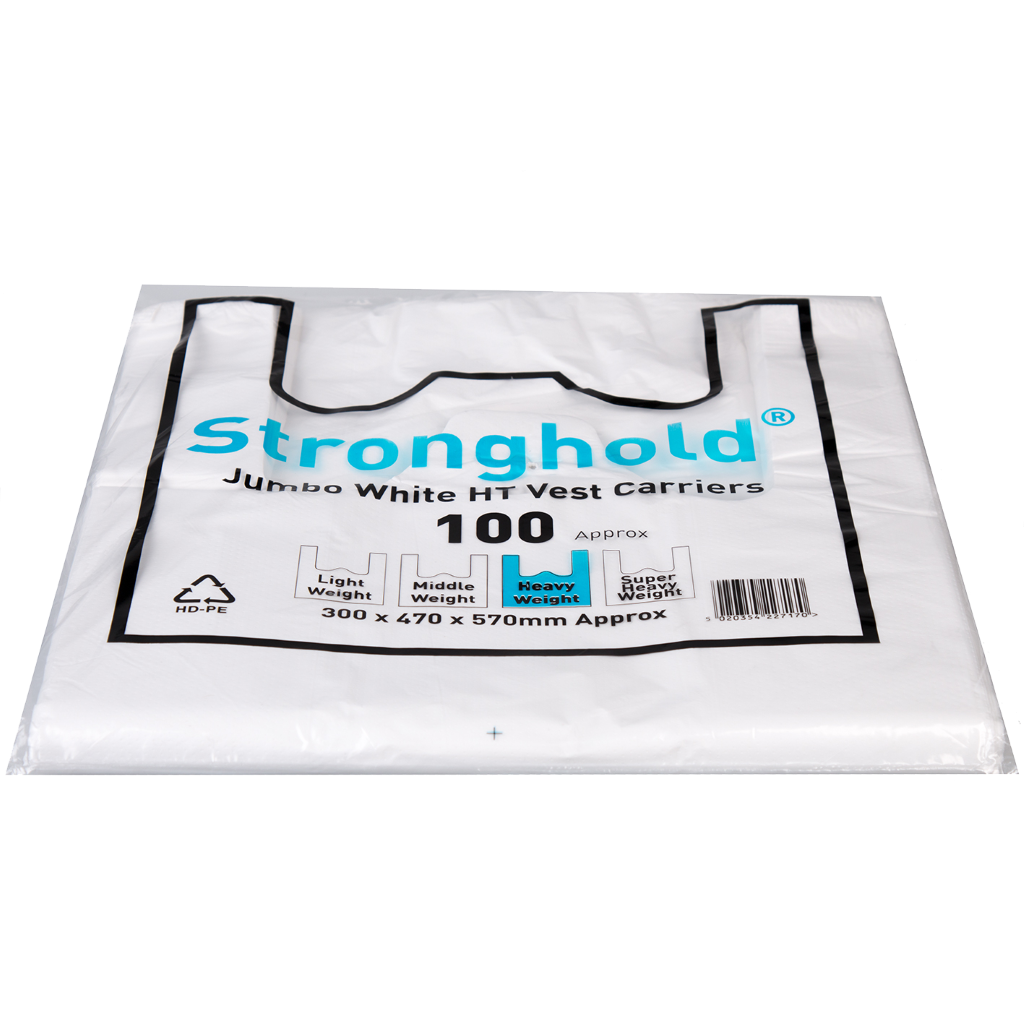 B2999 Stronghold Jumbo White Ht Vest Carrier Bags - Pack of 100