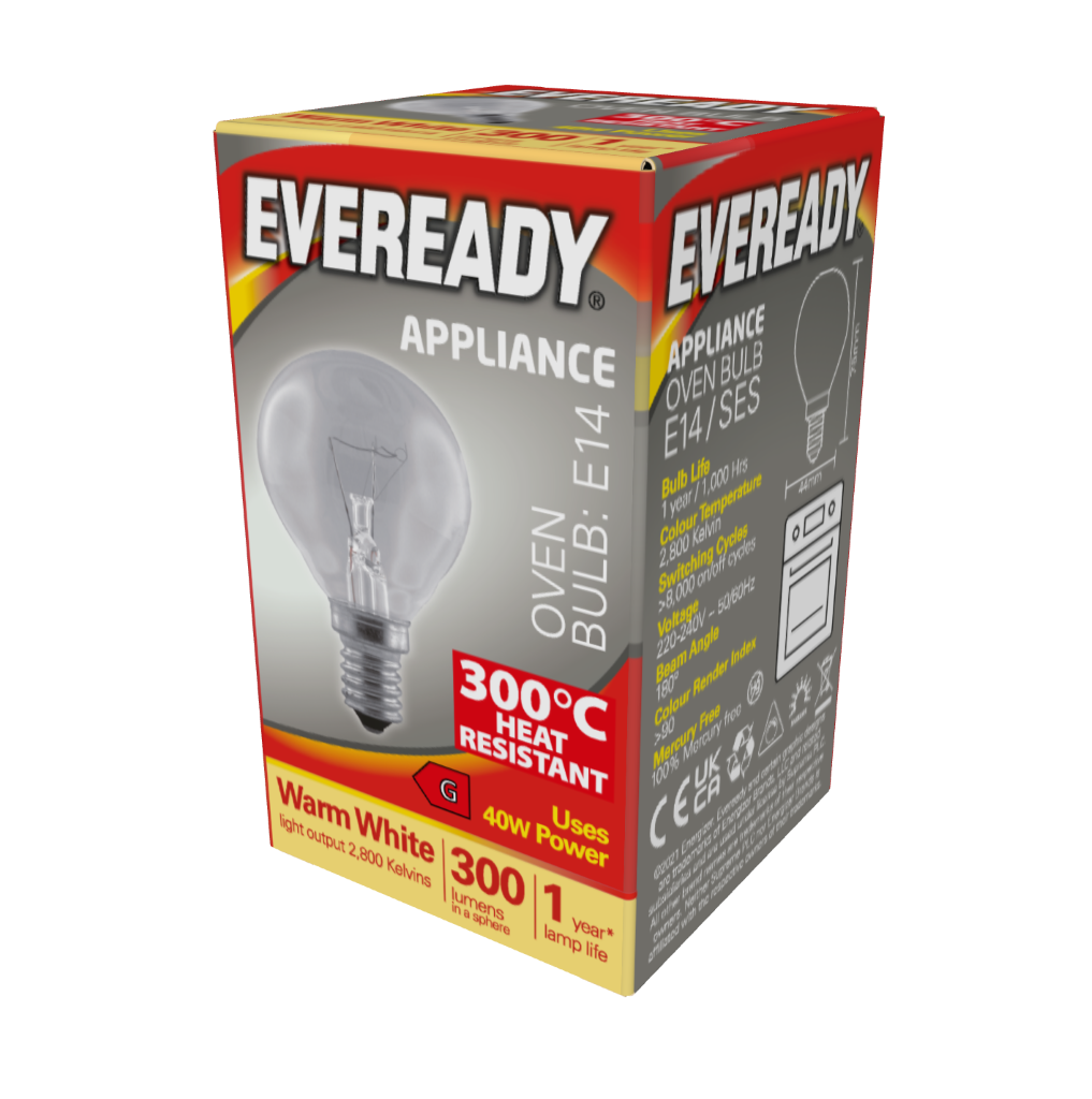 S1024 Eveready Oven Lamp E14 (SES) 300lm 40W 3,000K (Warm White), Box of 1 - 300C Heat Resistant