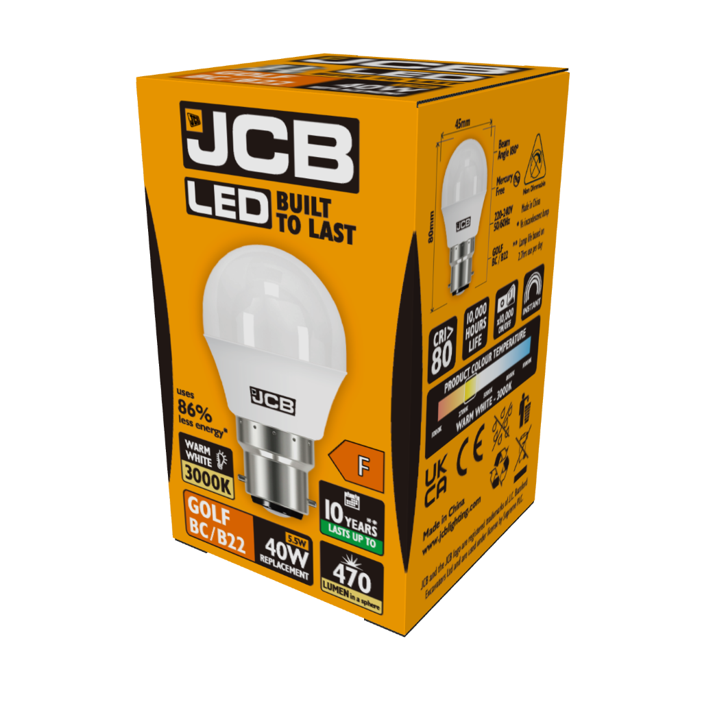 S10969 JCB LED Golf B22 (BC) 470lm 5.5W 3,000K (Warm White), Box of 1