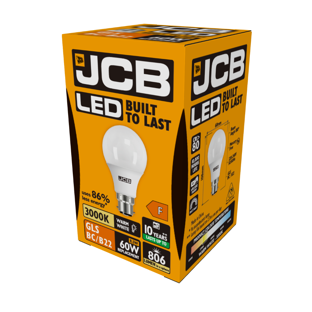 S10989 JCB LED GLS B22 (BC) 806lm 8.5W 3,000K (Warm White), Box of 1