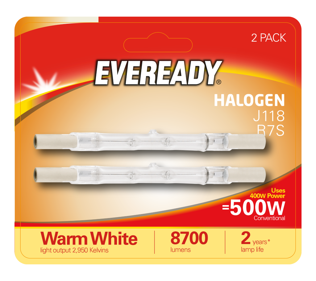 S11856 Eveready Eco Halogen Linear J118 (118mm) 8,700lm 400W 3,000K (Warm White), Blister Of 2