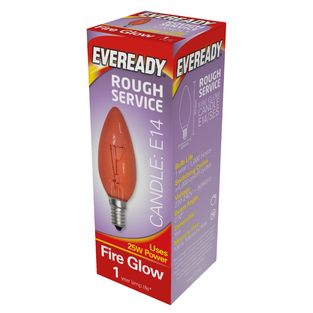 S11906 Eveready Fireglow Candle E14 (SES) 50lm 25W 3,000K (Warm White), Box of 1