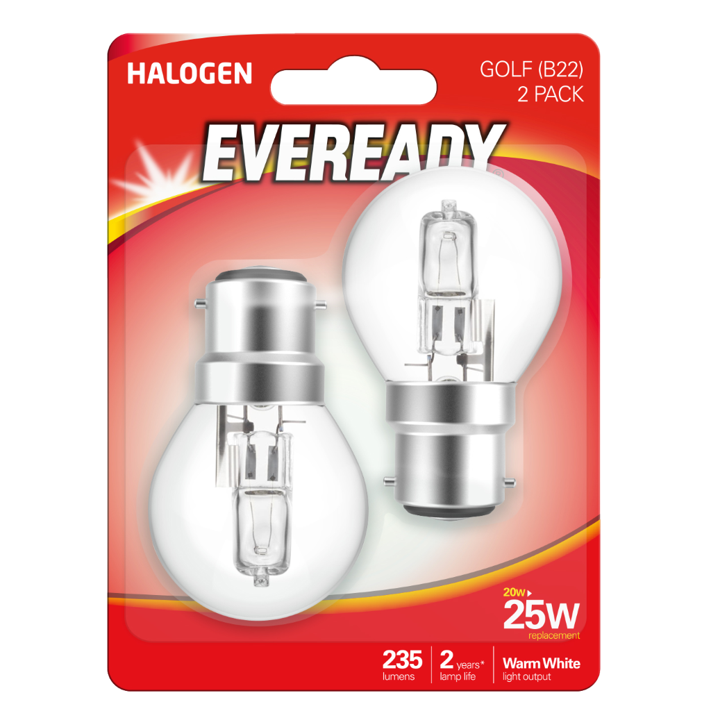 S11912 Eveready Eco Halogen Golf B22 (BC) 235lm 20W 3,000K (Warm White), Blister Of 2