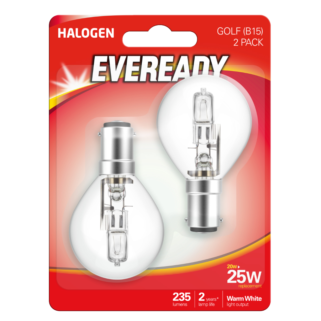 S11913 Eveready Eco Halogen Golf B15 (SBC) 235lm 20W 3,000K (Warm White), Blister Of 2
