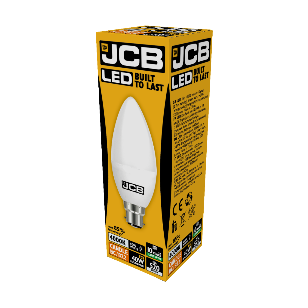 S12502 JCB LED Candle B22 (BC) 470lm 5.5W 4,000K (Cool White), Box of 1