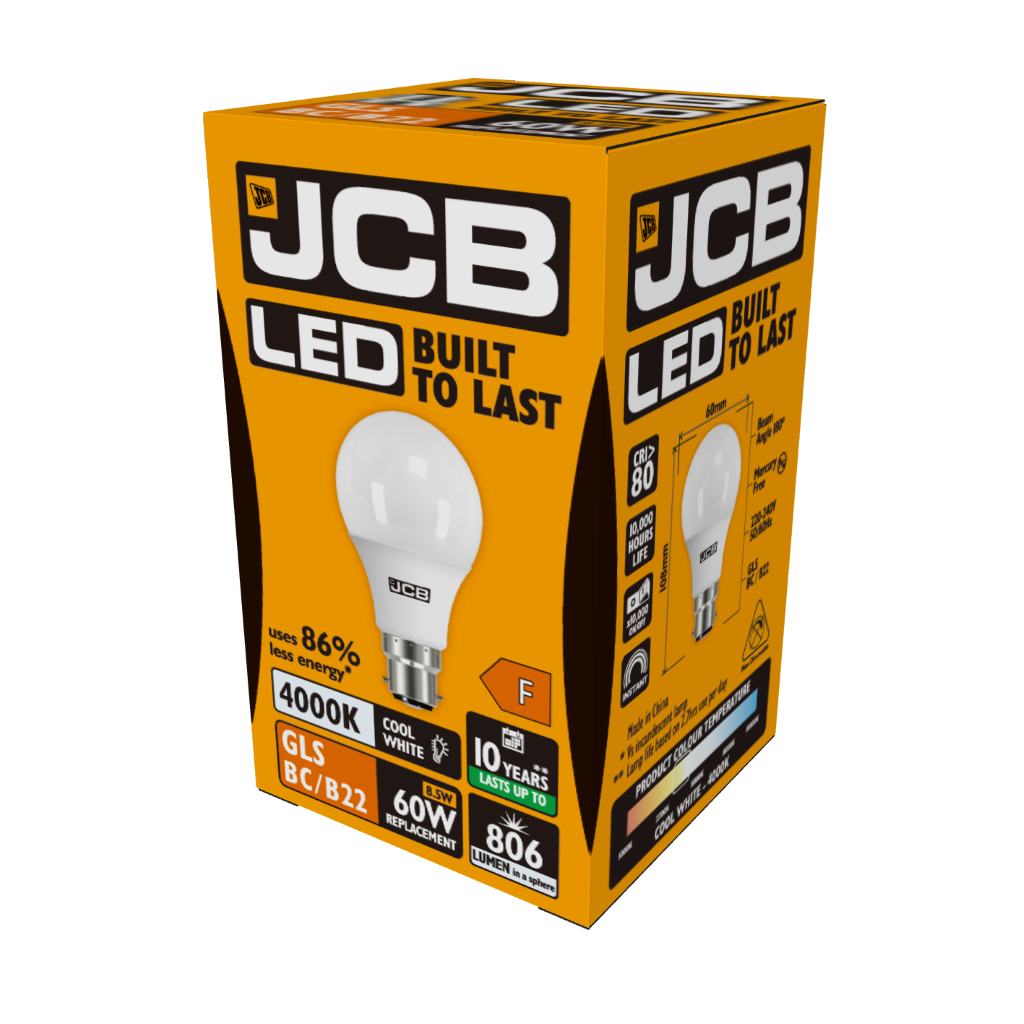 S12505 JCB LED GLS B22 (BC) 806lm 8.5W 4,000K (Cool White), Box of 1