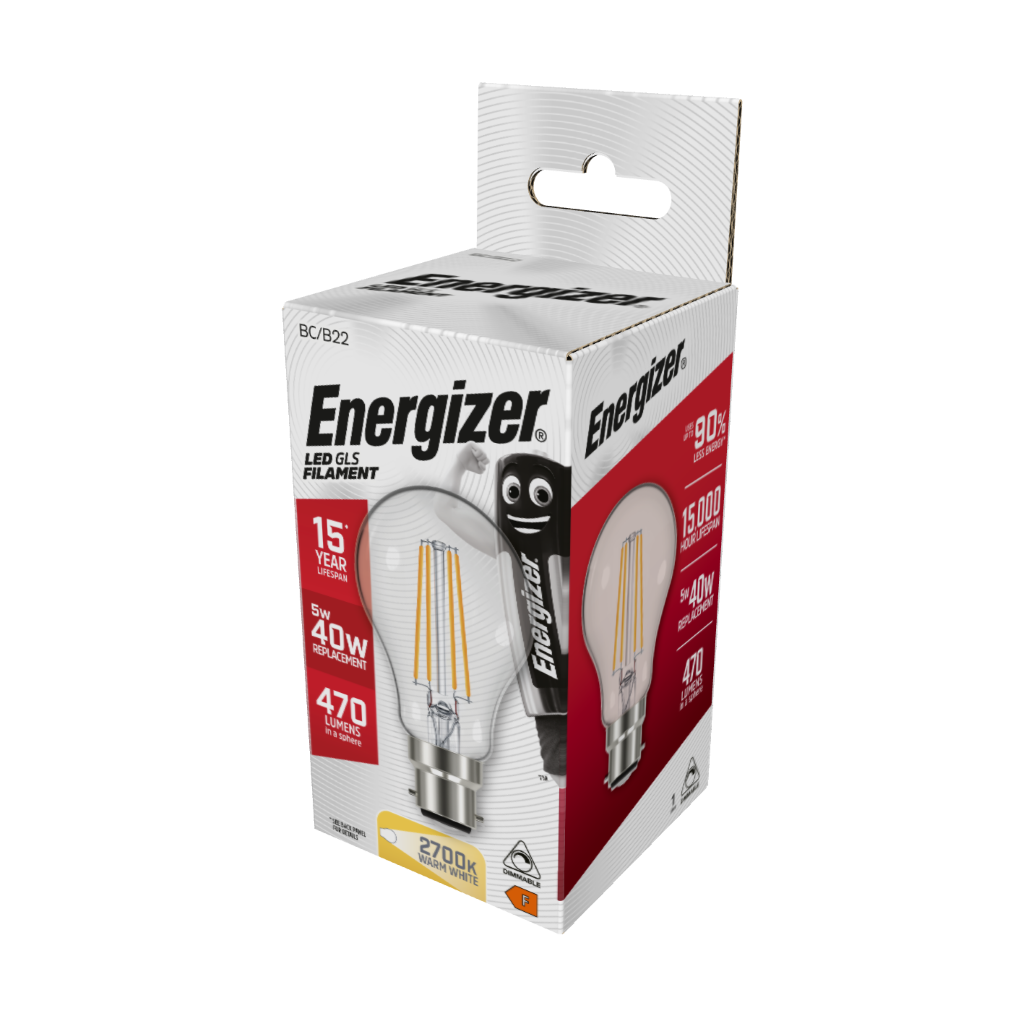 S12849 Energizer LED Filament GLS B22 (BC) 470lm 5W 2,700K (Warm White), Box of 1