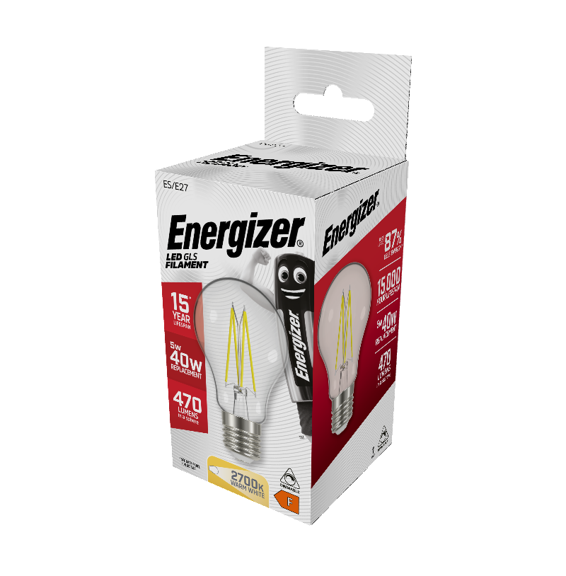 S12850 Energizer LED Filament GLS E27 (ES) 470lm 5W 2,700K (Warm White) Dimmable, Box of 1