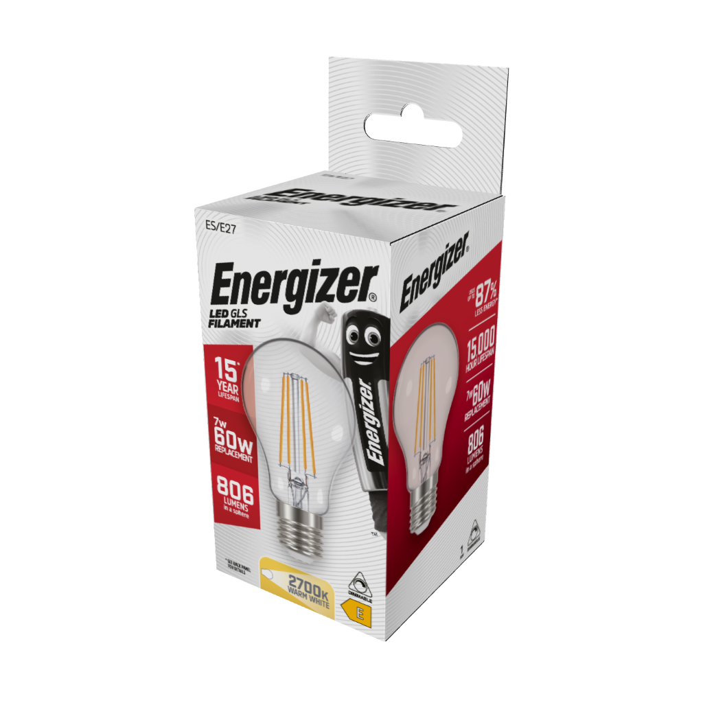 S12852 Energizer LED Filament GLS E27 (ES) 806lm 7W 2,700K (Warm White) Dimmable, Box of 1