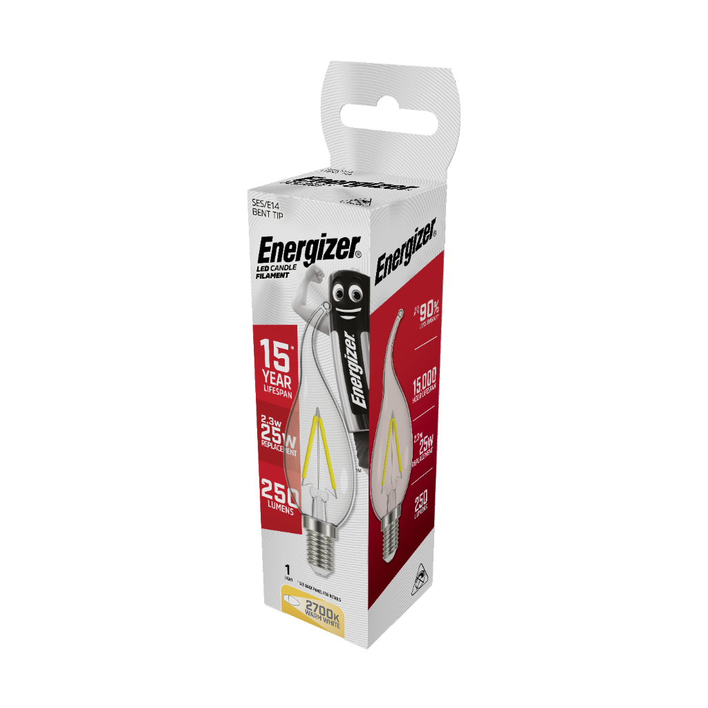 S12854 Energizer LED Filament Candle E14 (SES) 250lm 2.3W 2,700K (Warm White), Box of 1