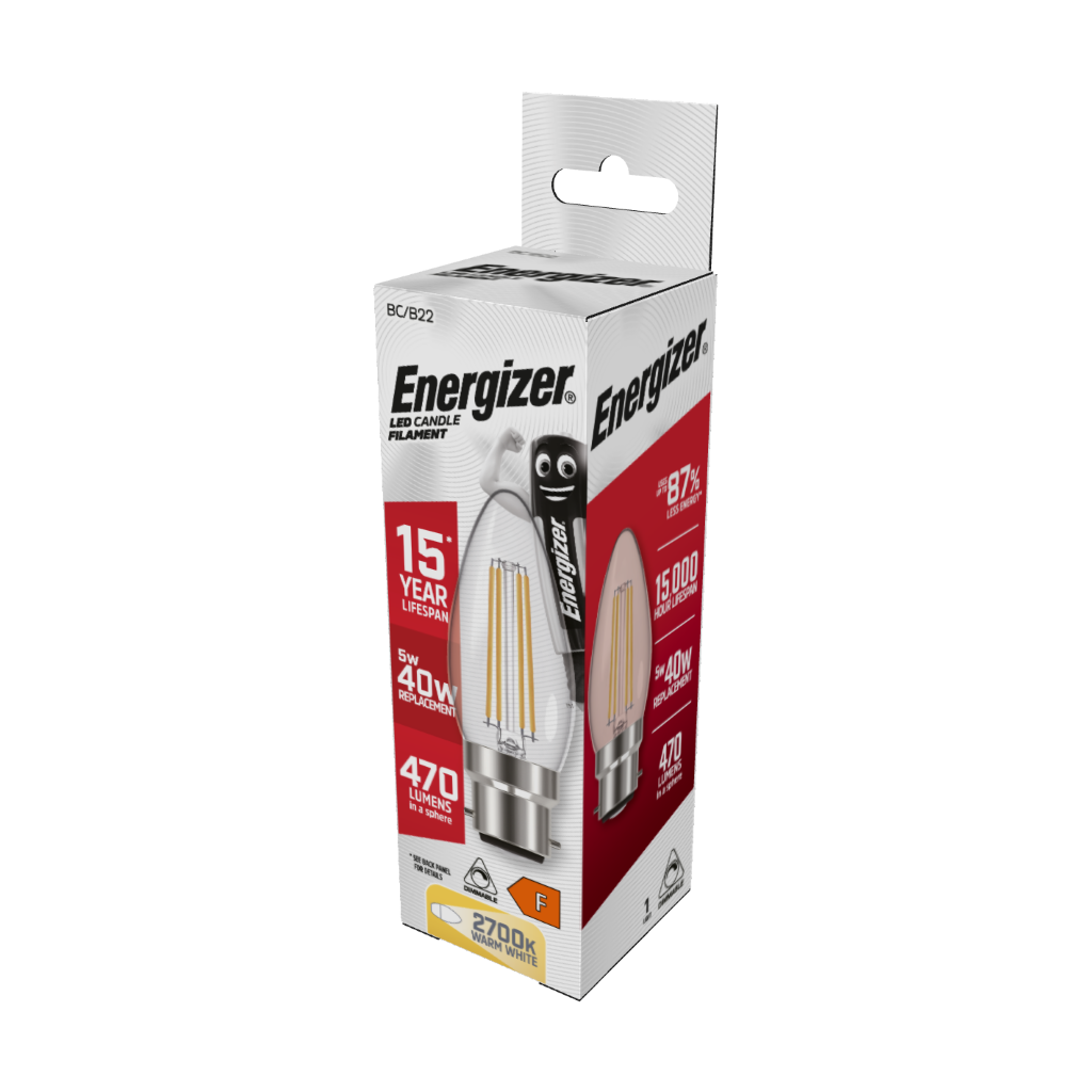 S12855 Energizer LED Filament Candle B22 (BC) 470lm 5W 2,700K (Warm White) Dimmable, Box of 1
