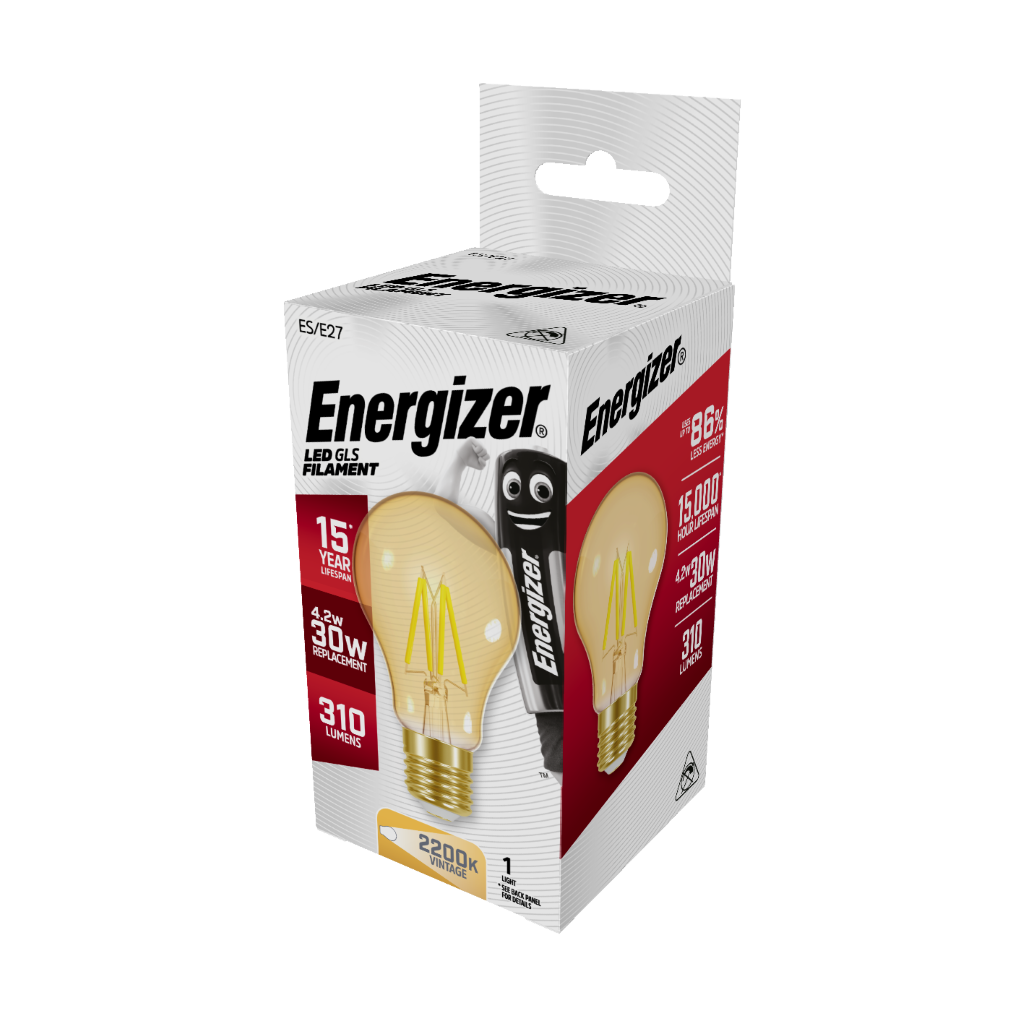 S12860 Energizer LED Filament Gold GLS E27 (ES) 320lm 4W 2,200K (Warm White), Box of 1