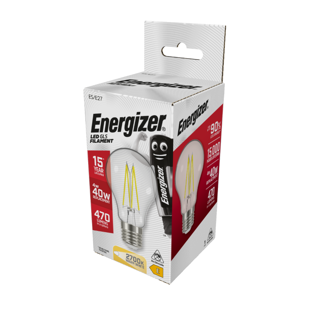 S12863 Energizer LED Filament GLS E27 (ES) 470lm 4W 2,700K (Warm White), Box of 1