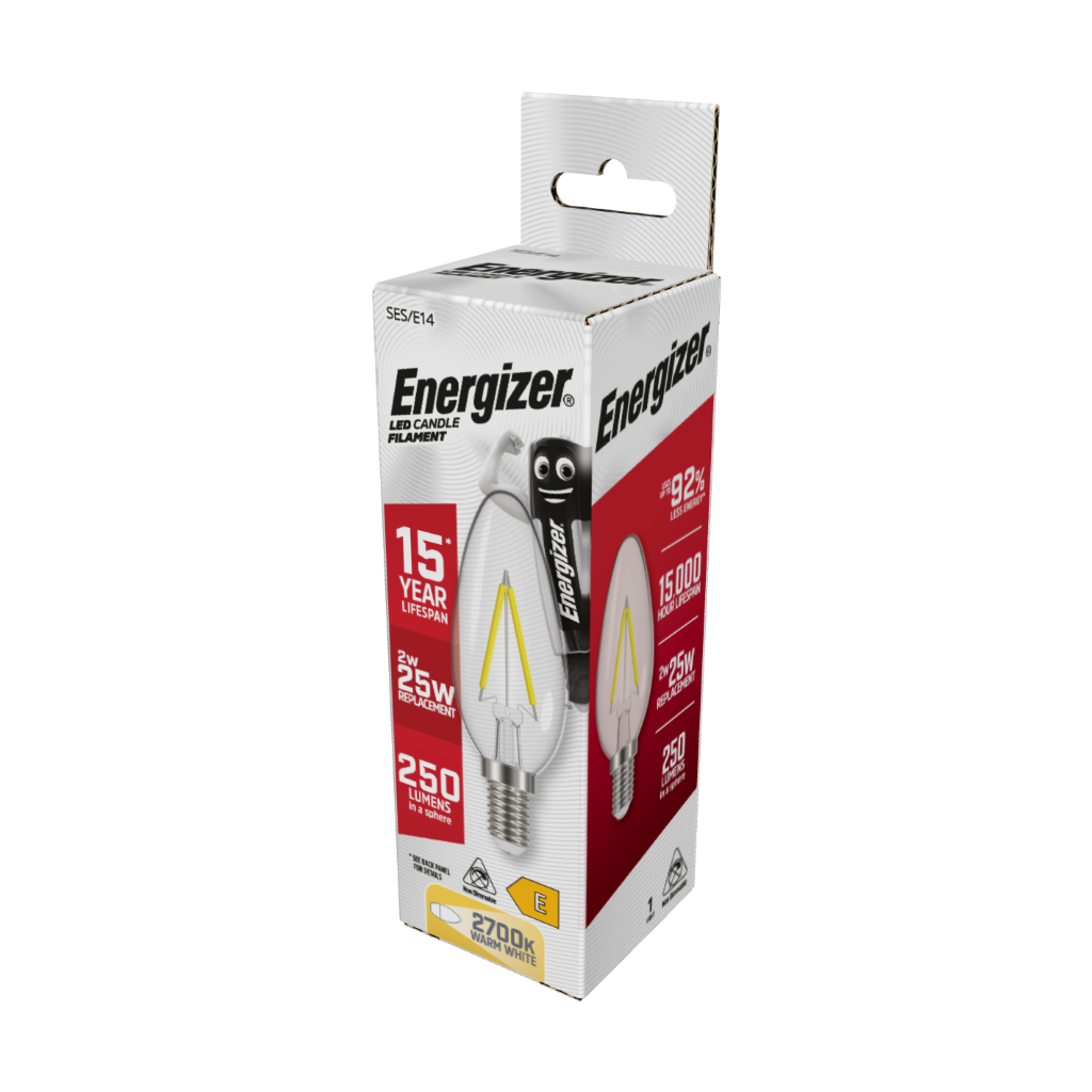 S12867 Energizer LED Filament Candle E14 (SES) 250lm 2W 2,700K (Warm White), Box of 1