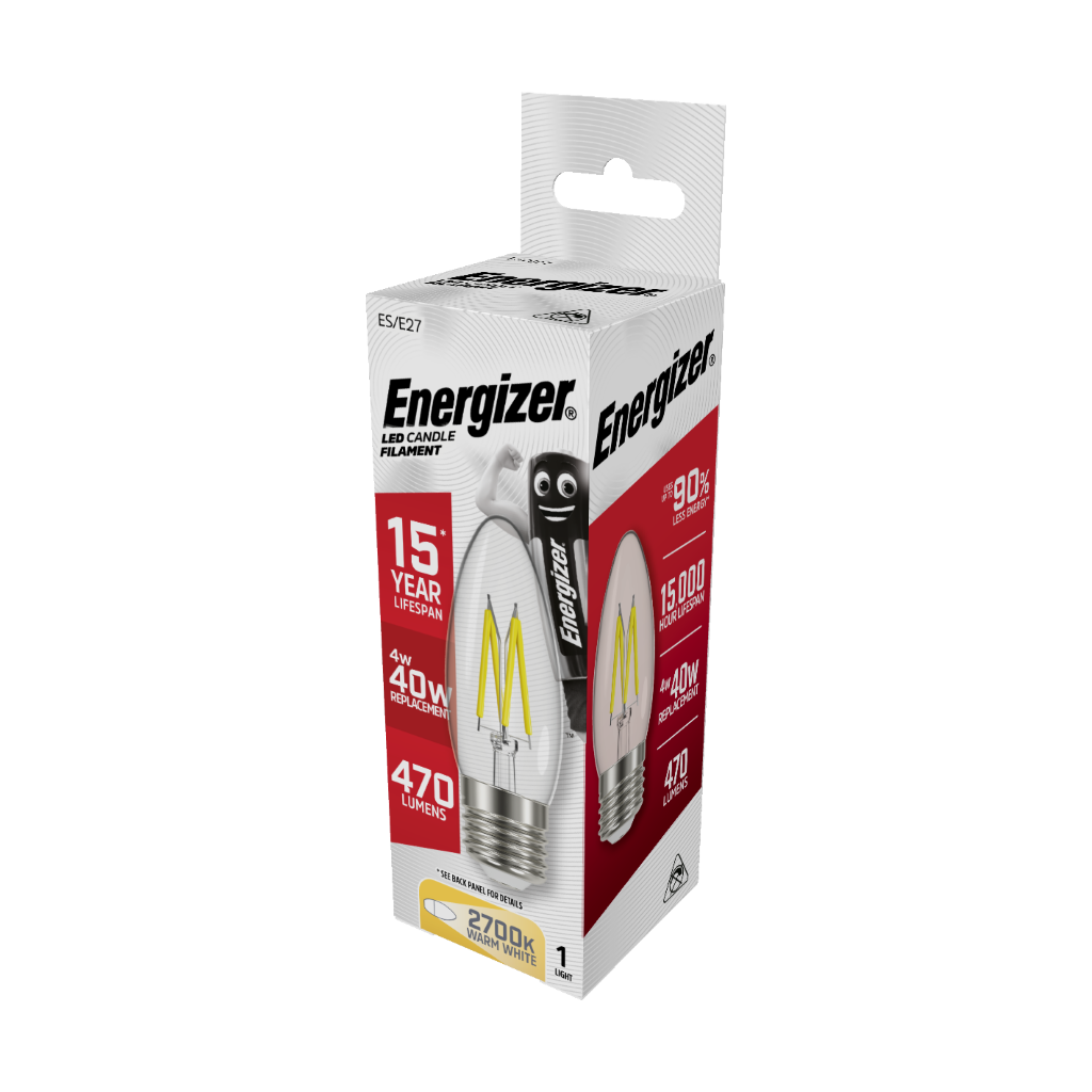 S12870 Energizer LED Filament Candle E27 (ES) 470lm 4W 2,700K (Warm White), Box of 1