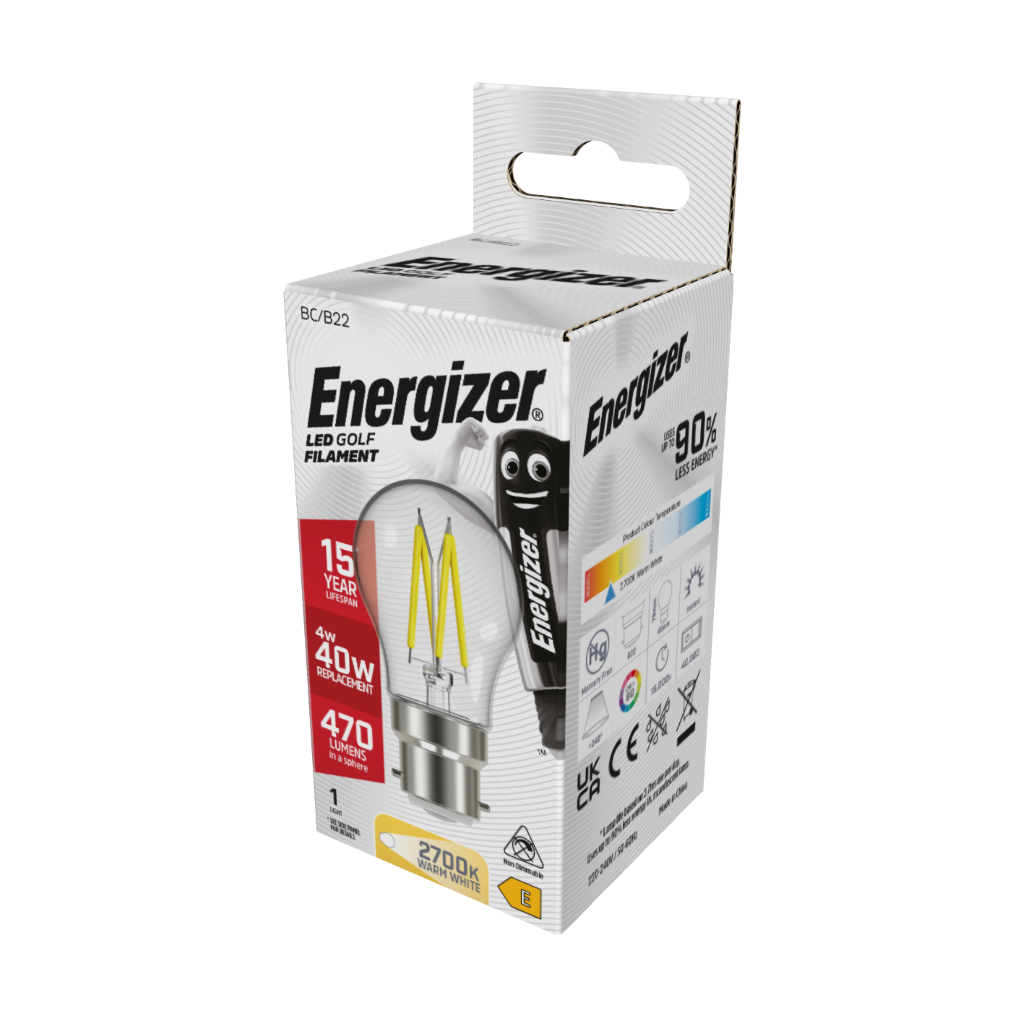 S12871 Energizer LED Filament Golf B22 (BC) 470lm 4W 2,700K (Warm White), Box of 1