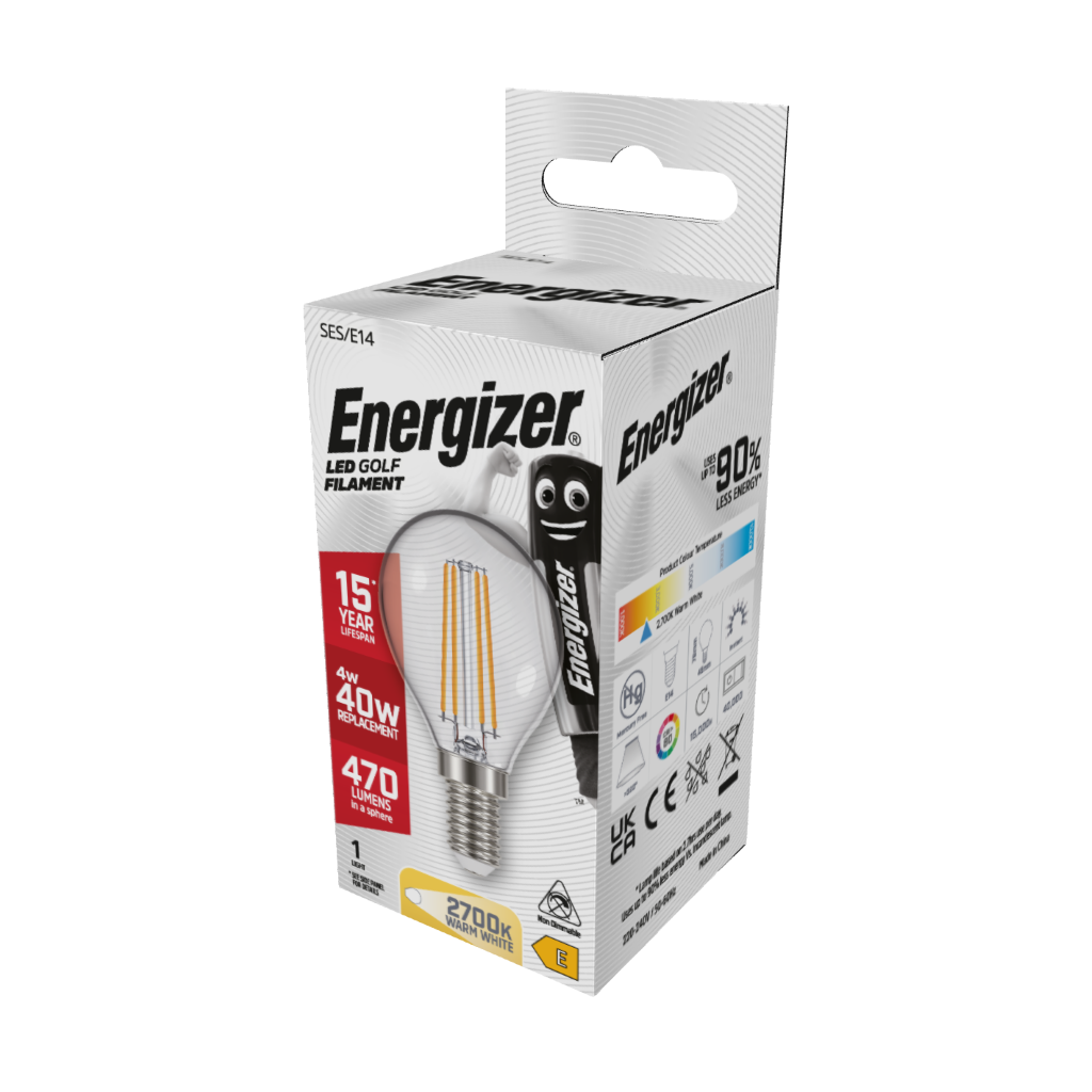 S12872 Energizer LED Filament Golf E14 (SES) 470lm 4W 2,700K (Warm White), Box of 1