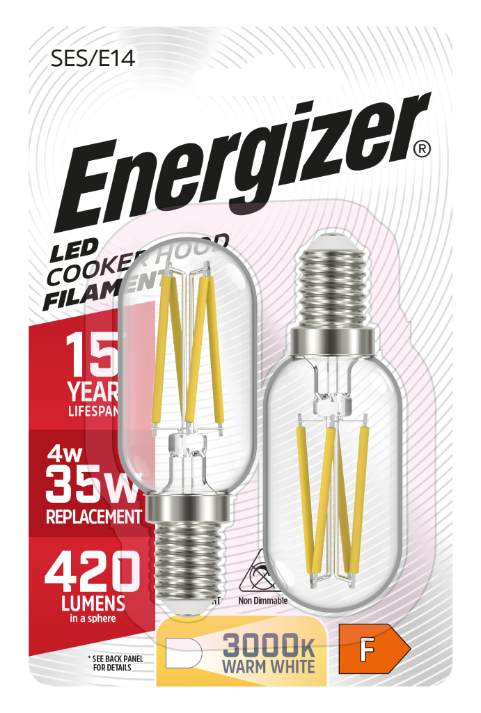 S13564 Energizer LED Filament Cookerhood E14 (SES) 420lm 4W 2,700K (Warm White), Blister of 2