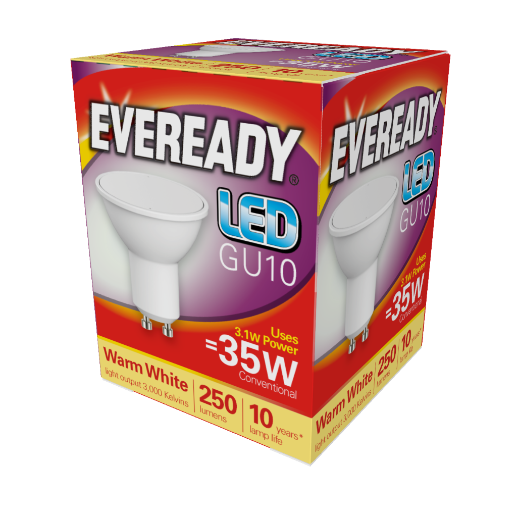 S13598 Eveready LED GU10 250lm 3.2W 3,000K (Warm White), Box of 1
