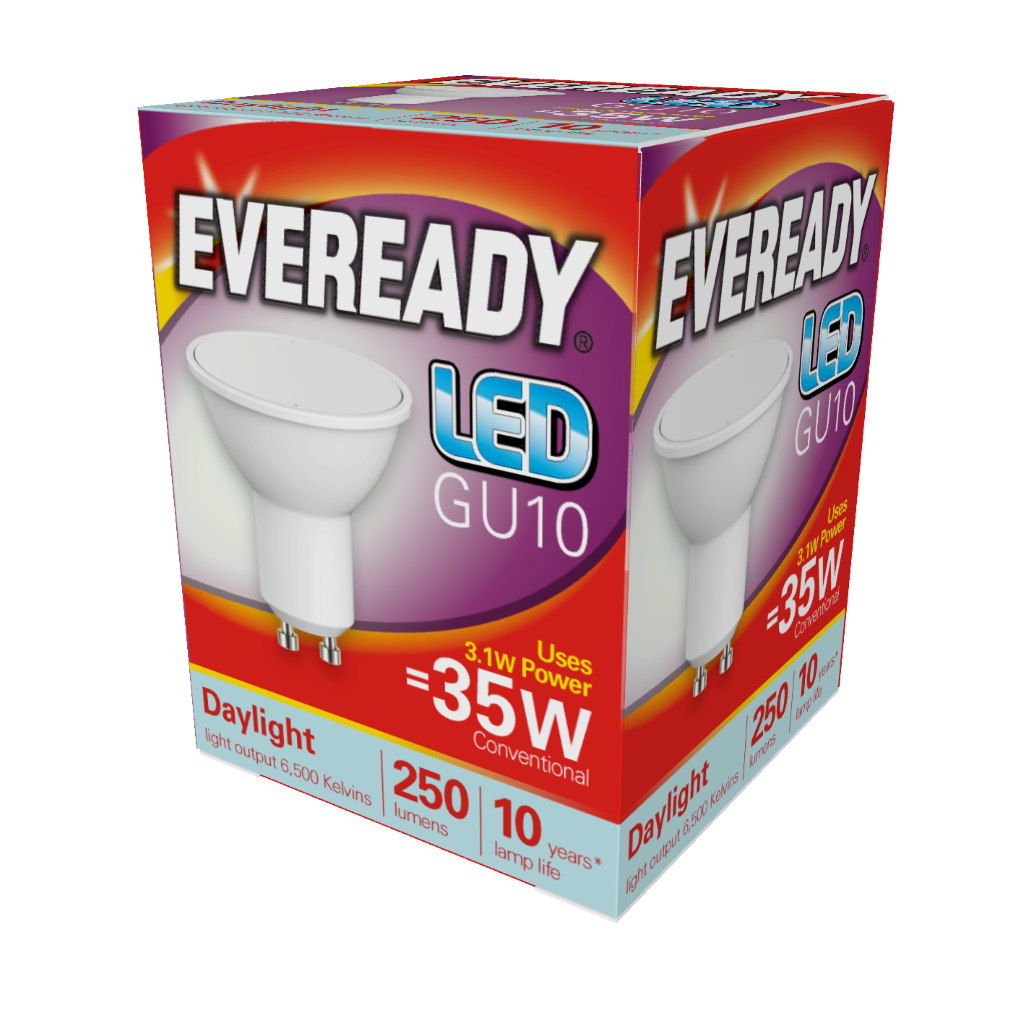 S13599 Eveready LED GU10 250lm 3.2W 6,500K (Daylight), Box of 1