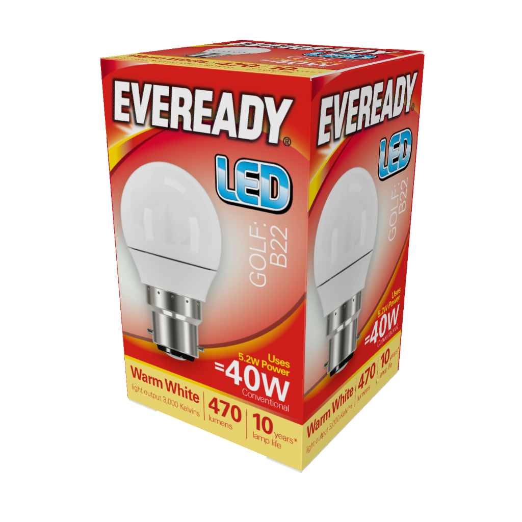 S13602 Eveready LED Golf B22 (BC) 470lm 4.9W 3,000K (Warm White), Box of 1