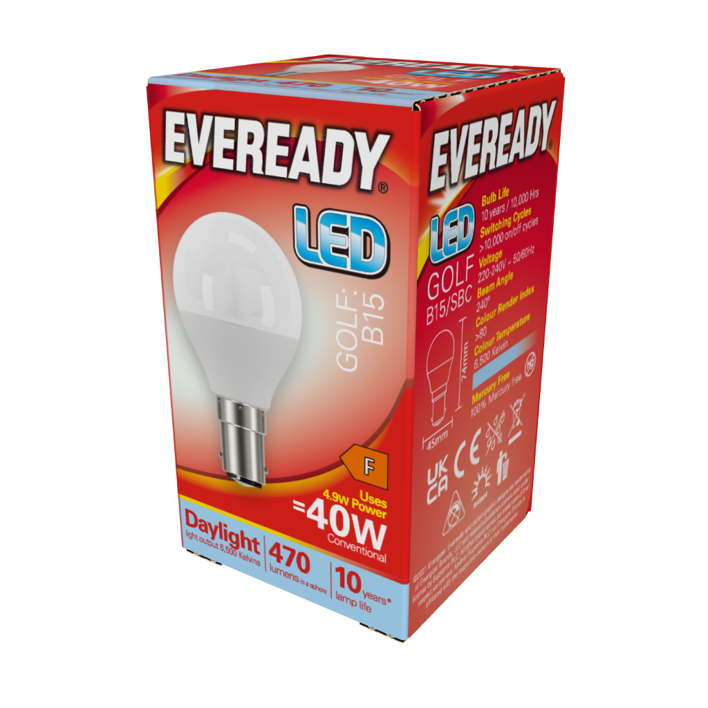 S13605 Eveready LED Golf B15 (SBC) 470lm 4.9W 6,500K (Daylight), Box of 1