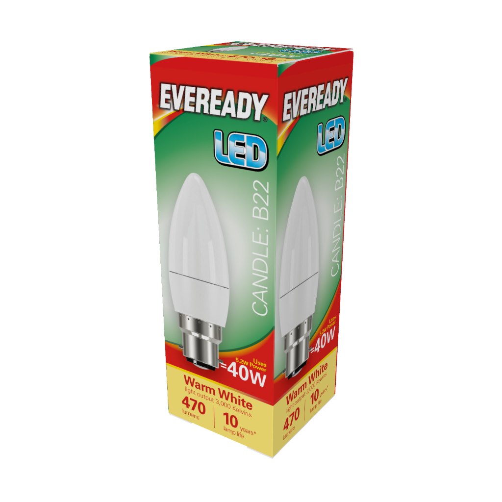 S13610 Eveready LED Candle B22 (BC) 470lm 4.9W 3,000K (Warm White), Box of 1