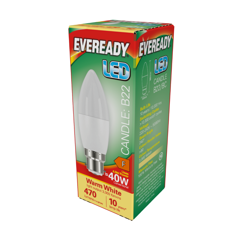 S13611 Eveready LED Candle B22 (BC) 470lm 4.9W 6,500K (Daylight), Box of 1