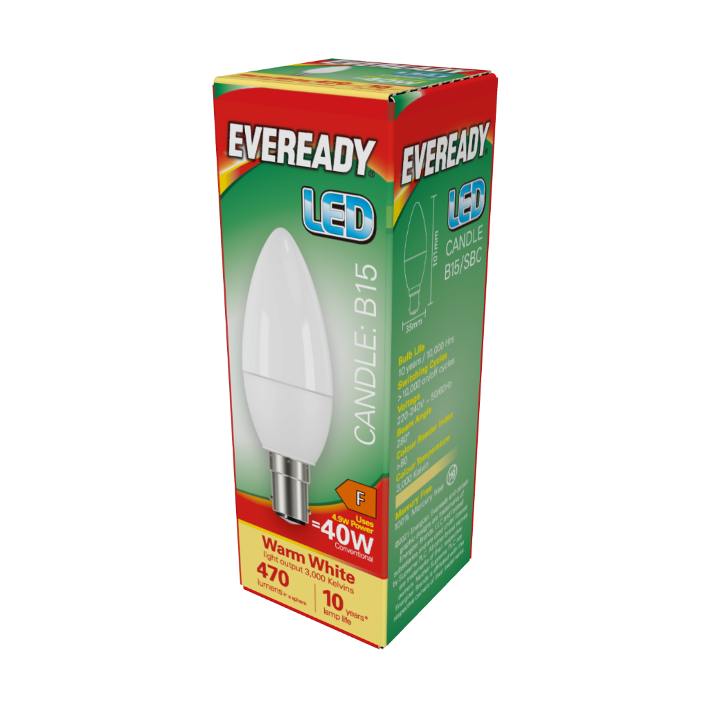 S13612 Eveready LED Candle B15 (SBC) 470lm 4.9W 3,000K (Warm White), Box of 1