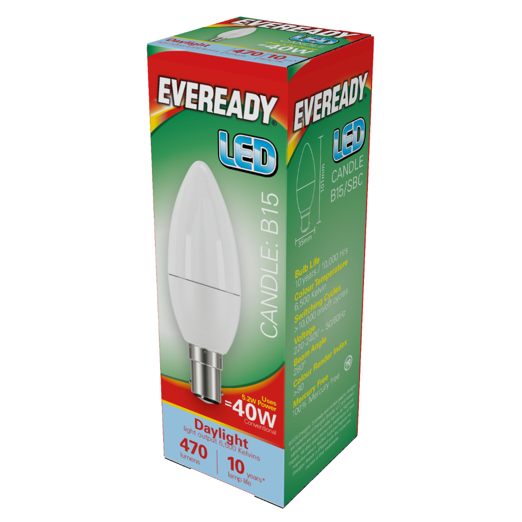 S13613 Eveready LED Candle B15 (SBC) 470lm 4.9W 6,500K (Daylight), Box of 1