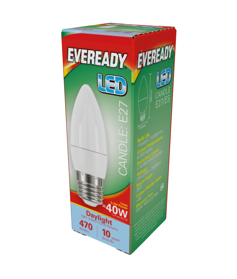 S13615 Eveready LED Candle B22 (BC) 470lm 4.9W 6,500K (Daylight), Box of 1