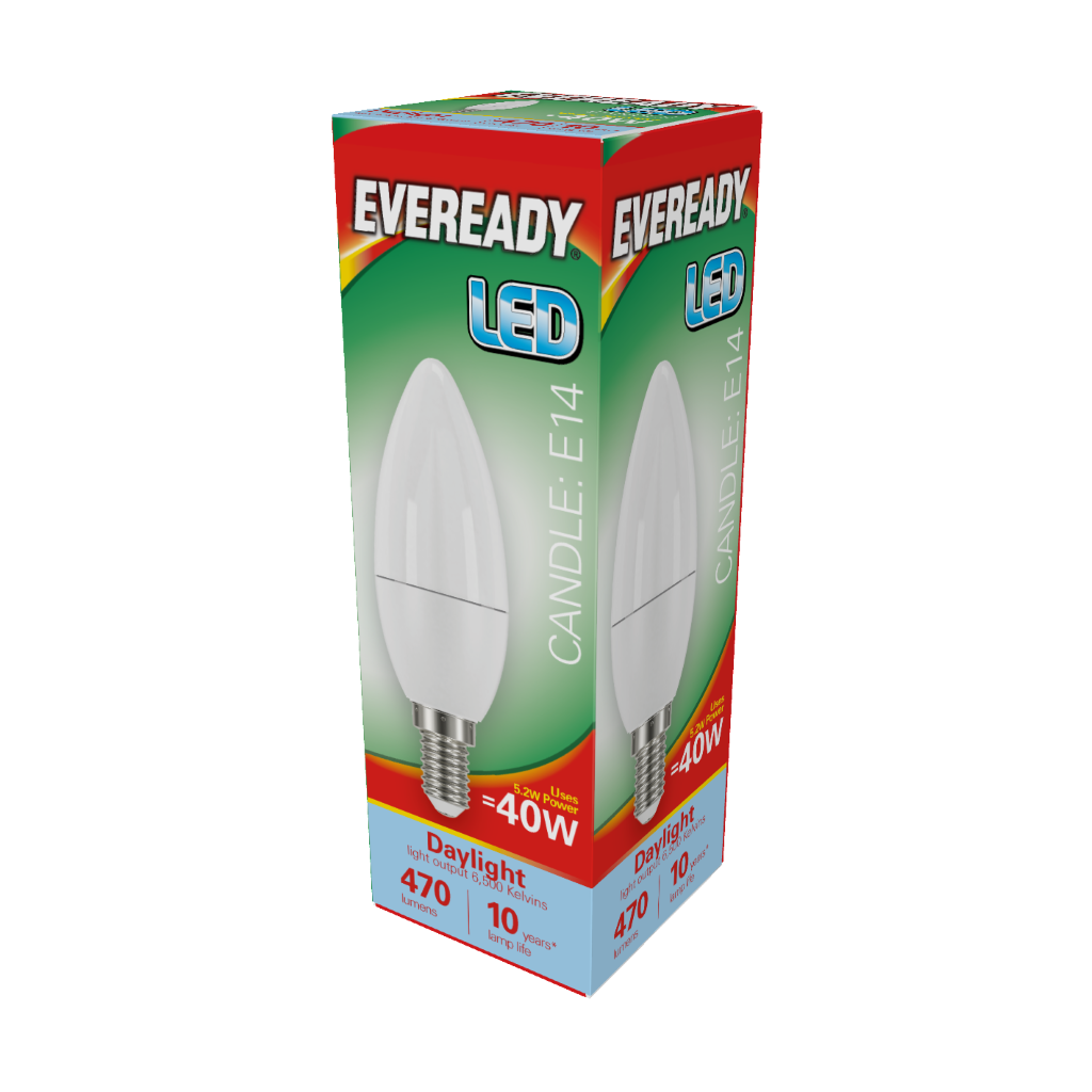 S13617 Eveready LED Candle E14 (SES) 470lm 4.9W 6,500K (Daylight), Box of 1