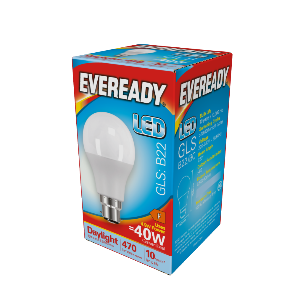 S13619 Eveready LED GLS B22 (BC) 470lm 4.9W 6,500K (Daylight), Box of 1