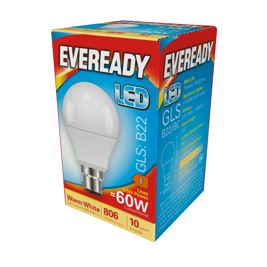 S13622 Eveready LED GLS B22 (BC) 806lm 8.5W 3,000K (Warm White), Box of 1