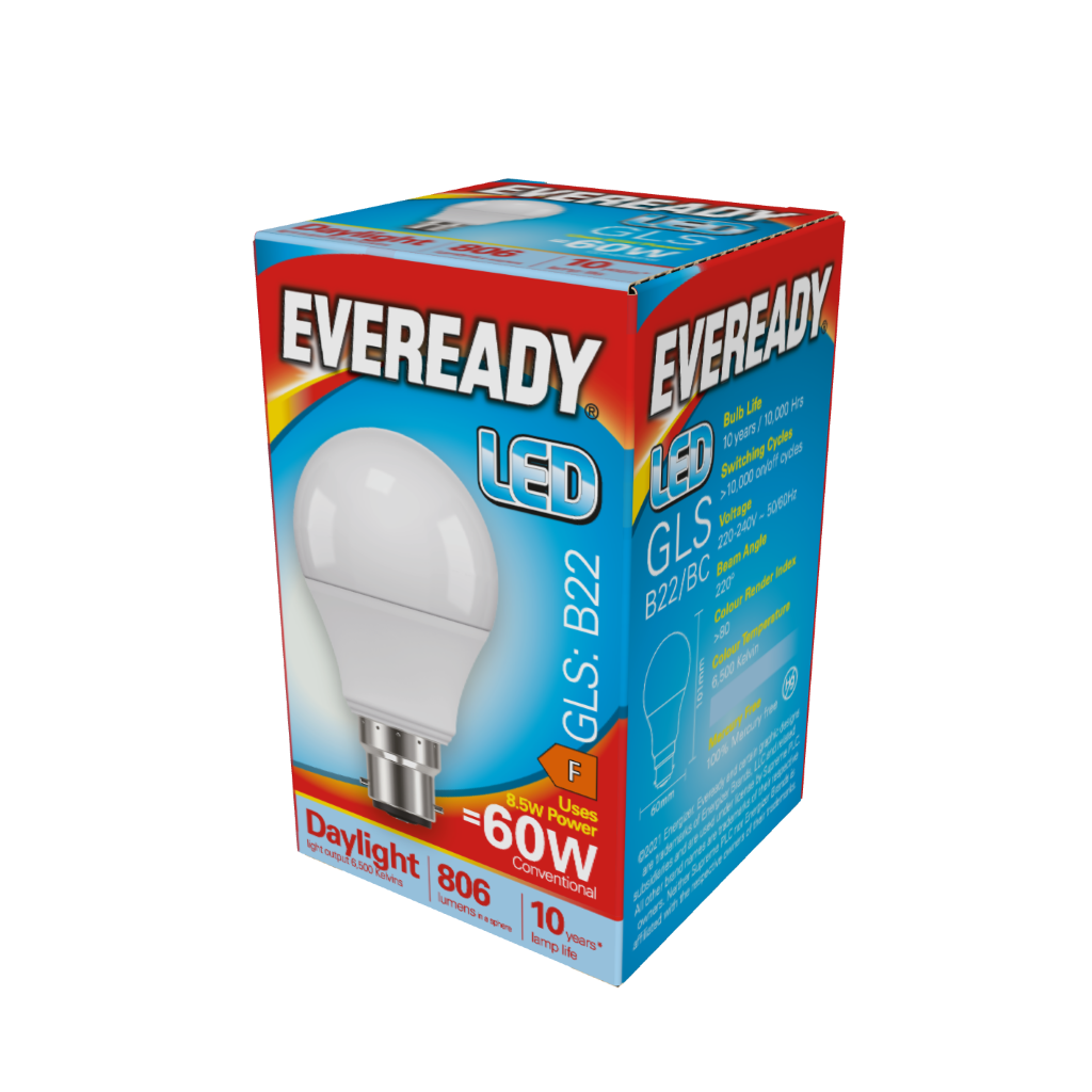 S13623 Eveready LED GLS B22 (BC) 806lm 8.5W 6,500K (Daylight), Box of 1
