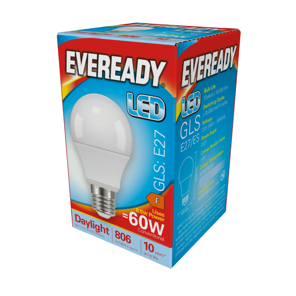 S13625 Eveready LED GLS E27 (ES) 806lm 8.5W 6,500K (Daylight), Box of 1