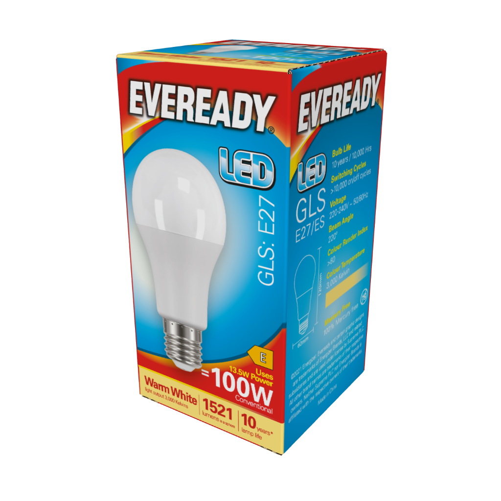 S13628 Eveready LED GLS E27 (ES) 1,521lm 13.5W 3,000K (Warm White), Box of 1