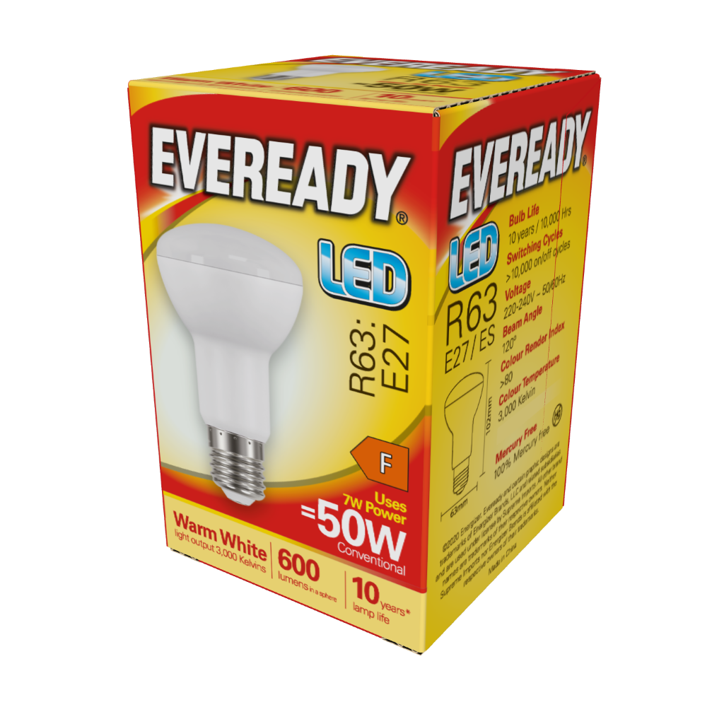 S13632 Eveready LED R63 Reflector E27 (ES) 600lm 7W 3,000K (Warm White), Box of 1
