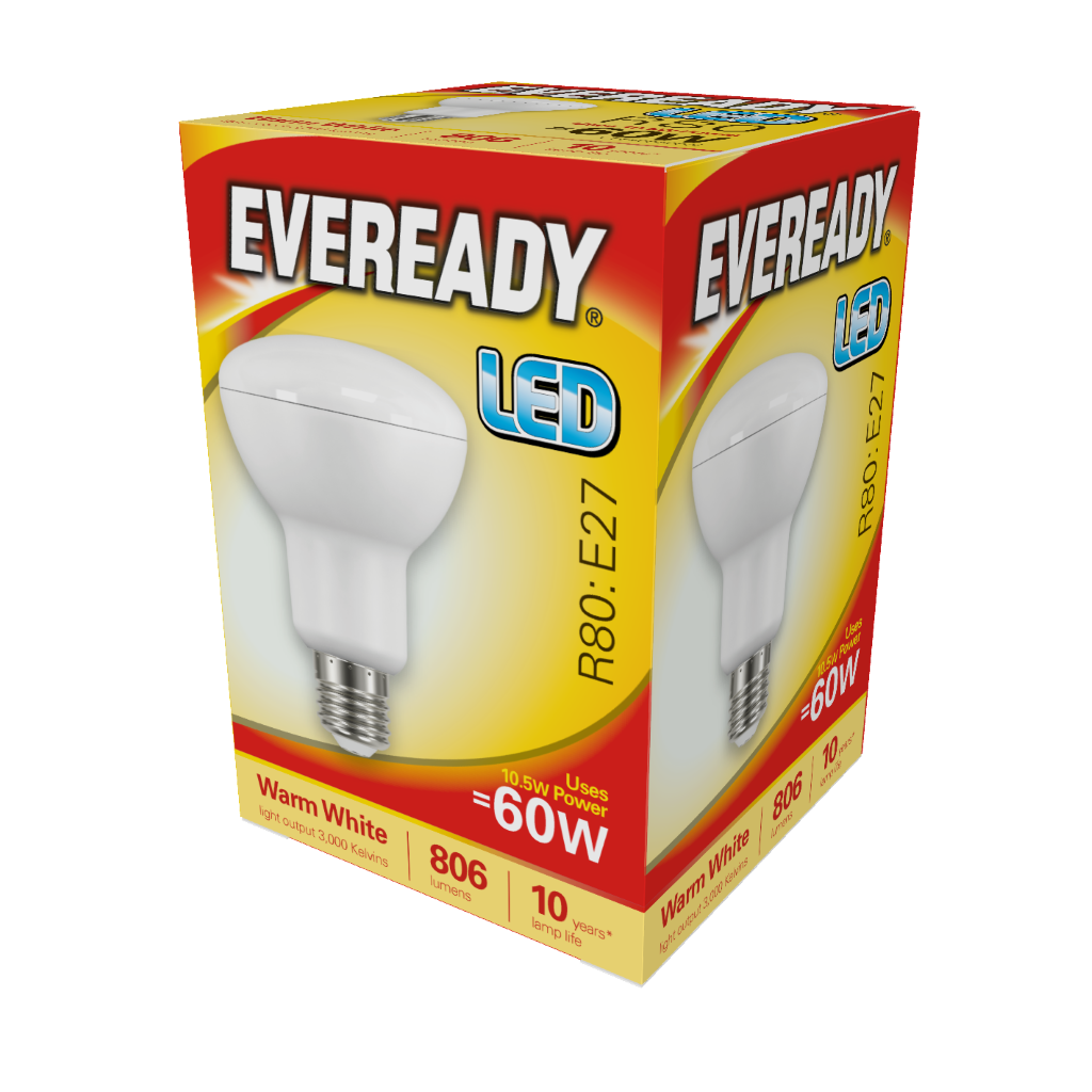 S13633 Eveready LED R80 Reflector E27 (ES) 806lm 7.3W 3,000K (Warm White), Box of 1