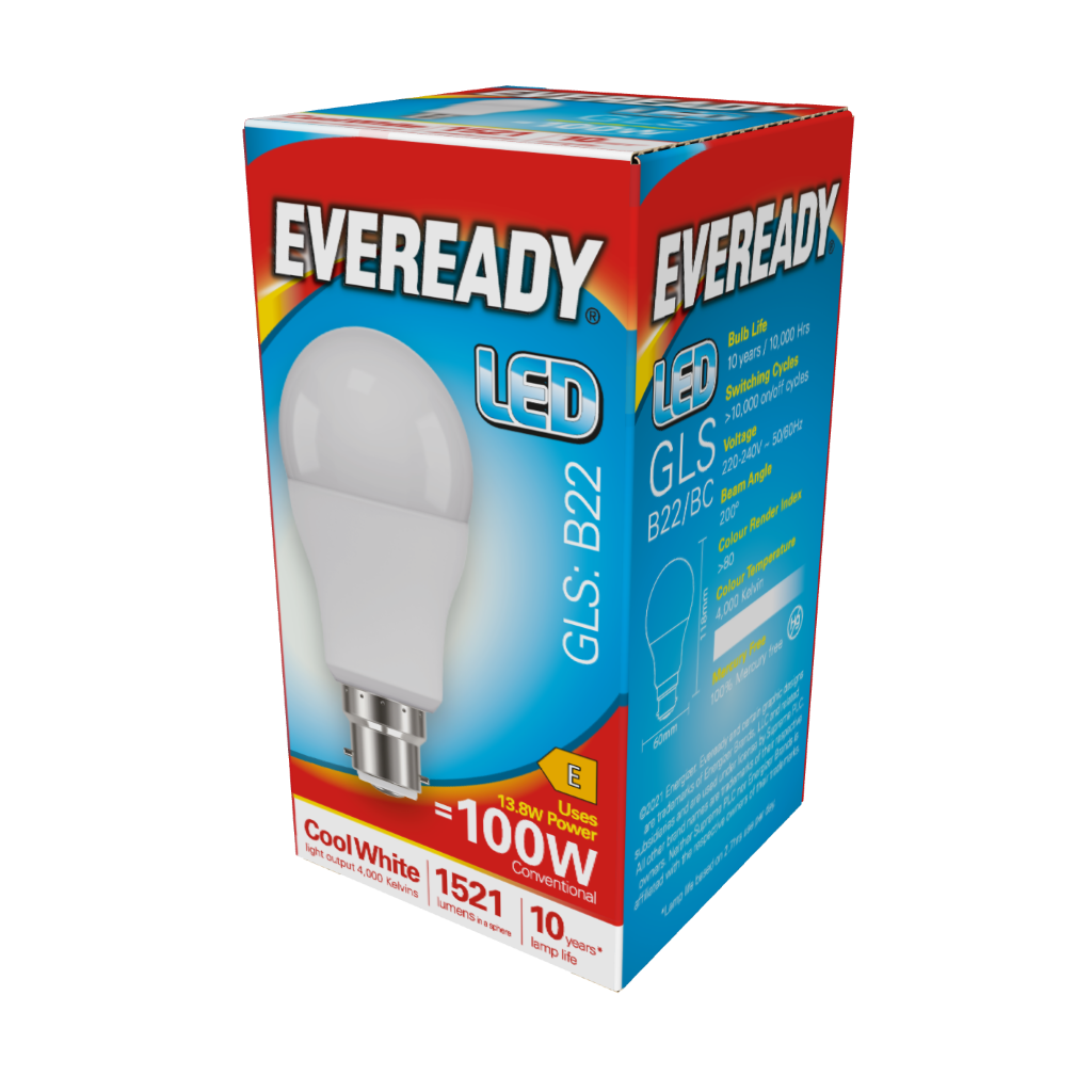 S14316 Eveready LED GLS B22 (BC) 1,521lm 13.8W 4,000K (Cool White), Box of 1