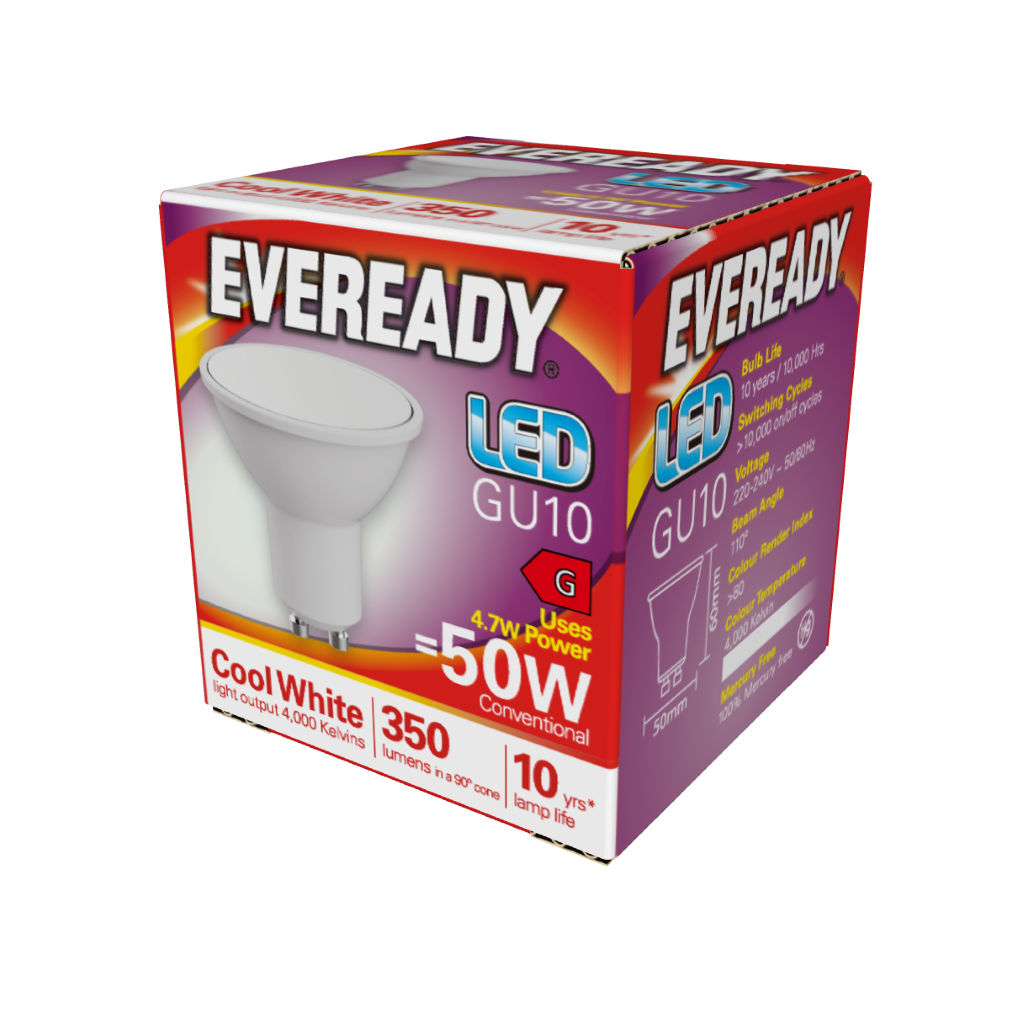 S14319 Eveready LED GU10 350lm 4.7W 4,000K (Cool White), Box of 1