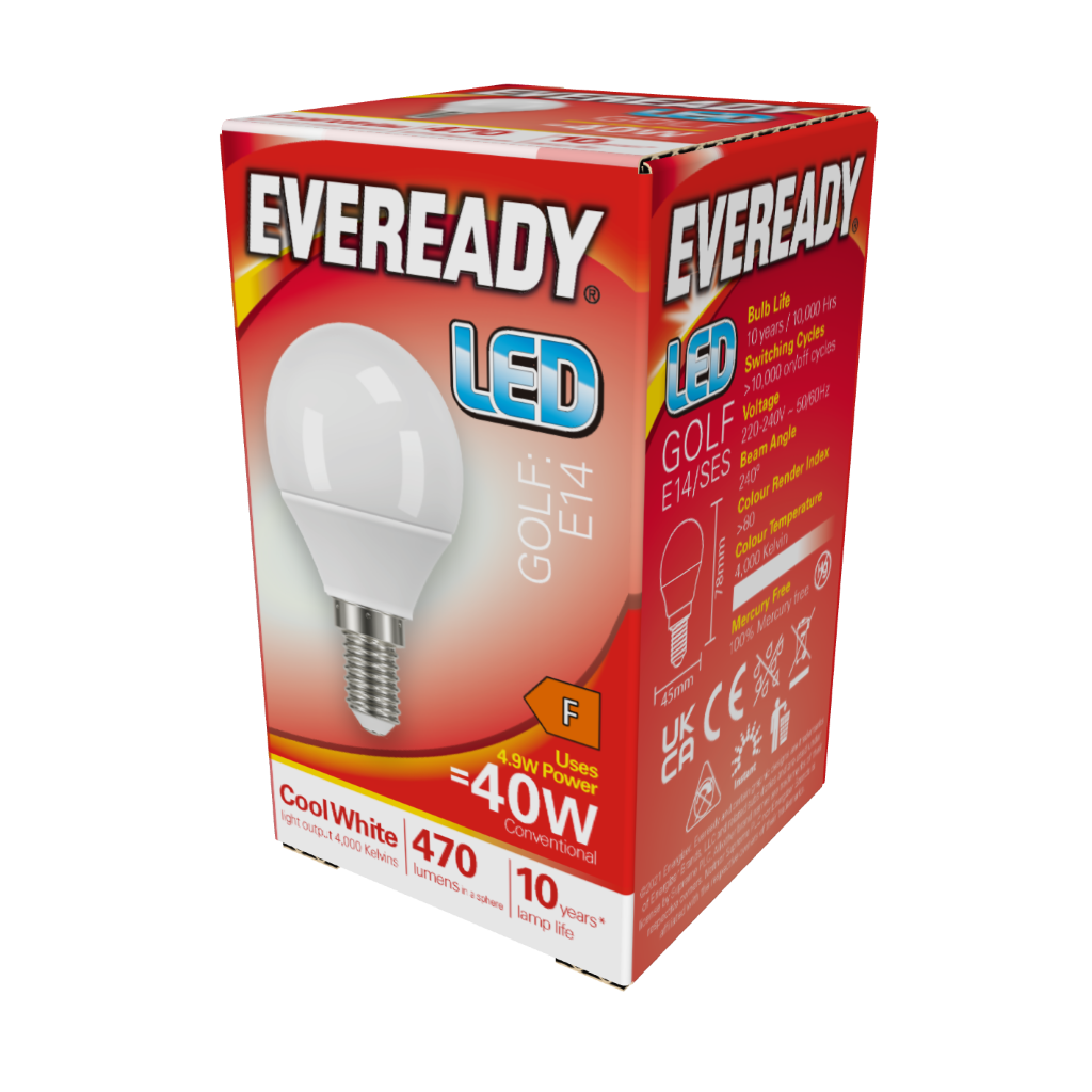 S14321 Eveready LED Golf E14 (SES) 470lm 4.9W 4,000K (Cool White), Box of 1