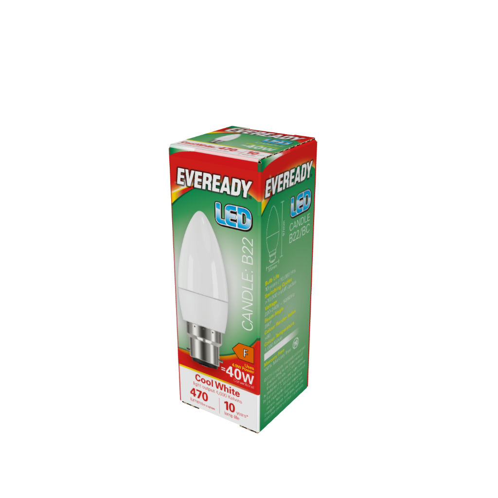 S14322 Eveready LED Candle B22 (BC) 470lm 4.9W 4,000K (Cool White), Box of 1