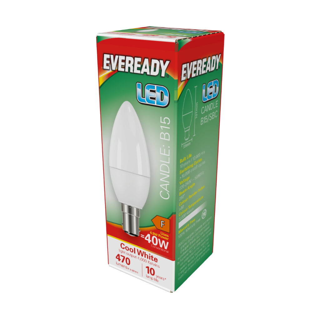 S14323 Eveready LED Candle B15 (SBC) 470lm 4.9W 4,000K (Cool White), Box of 1