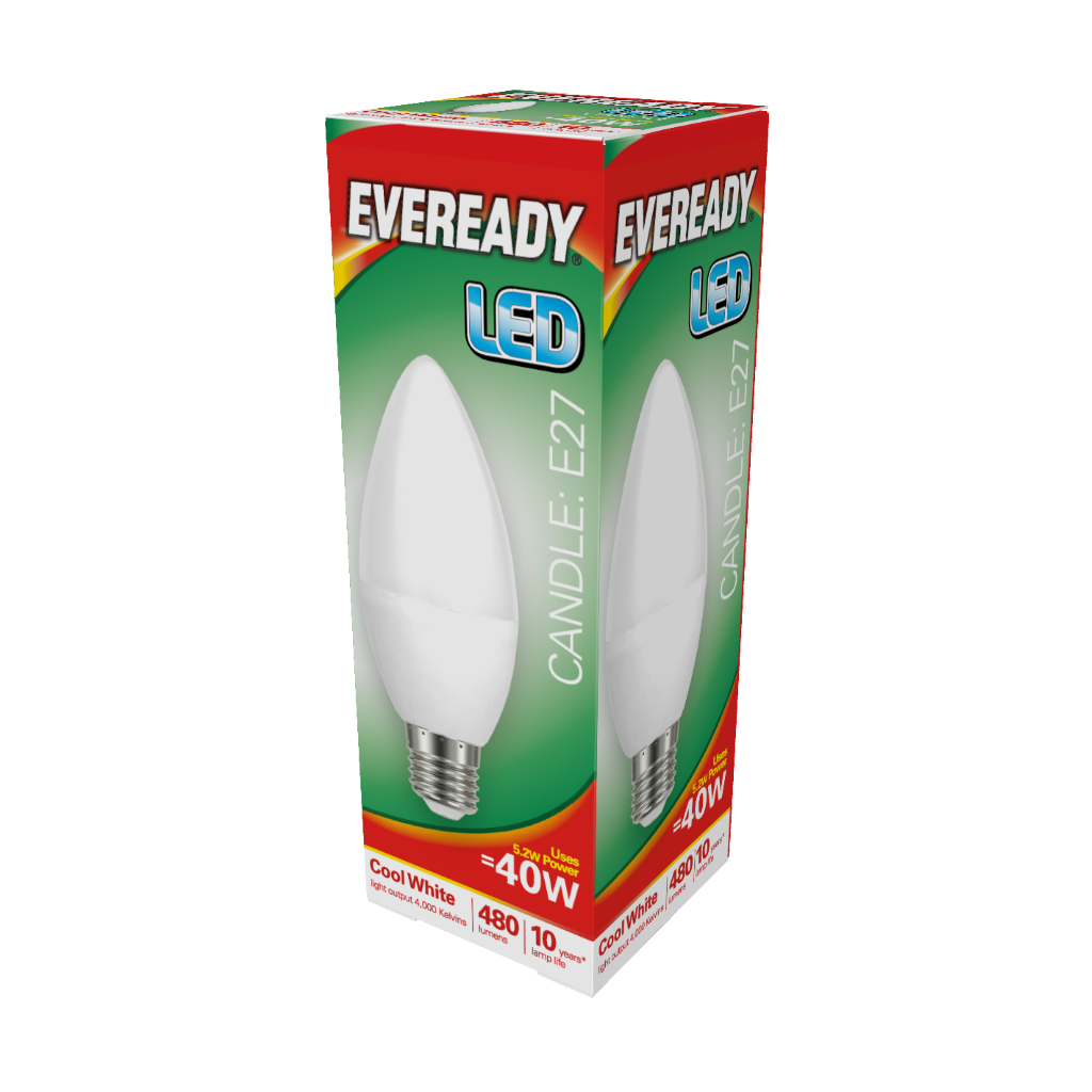 S14324 Eveready LED Candle E27 (ES) 470lm 4.9W 4,000K (Cool White), Box of 1