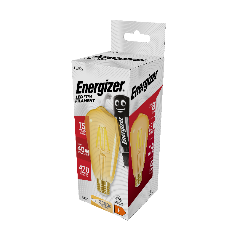 S15026 Energizer LED Filament Gold ST64 E27 (ES) 470lm 5W 2,200K (Warm White) Dimmable, Box of 1
