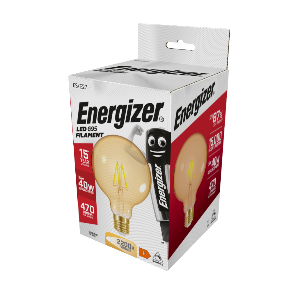S15028 Energizer LED Filament Gold G95 E27 (ES) 470lm 5W 2,200K (Warm White), Box of 1