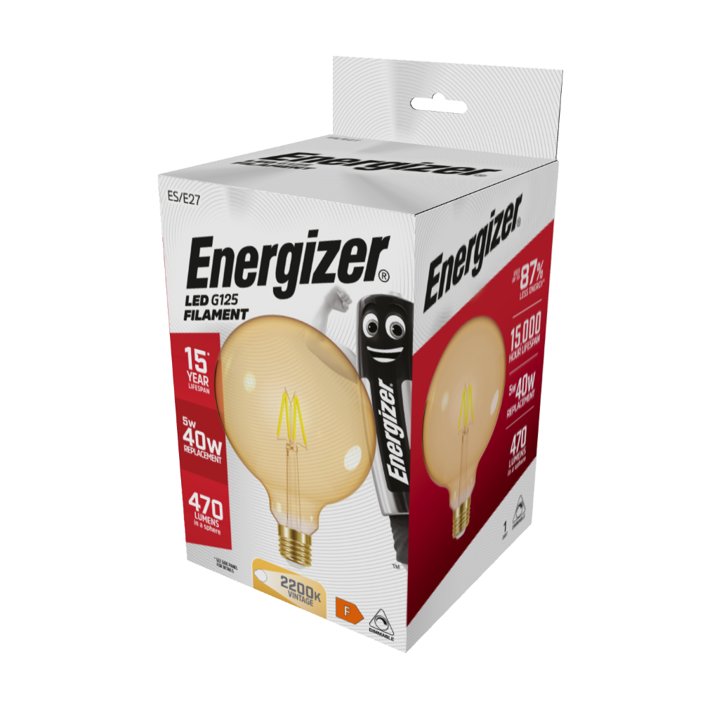 S15029 Energizer LED Filament Gold G125 E27 (ES) 470lm 5W 2,200K (Warm White) Dimmable, Box of 1