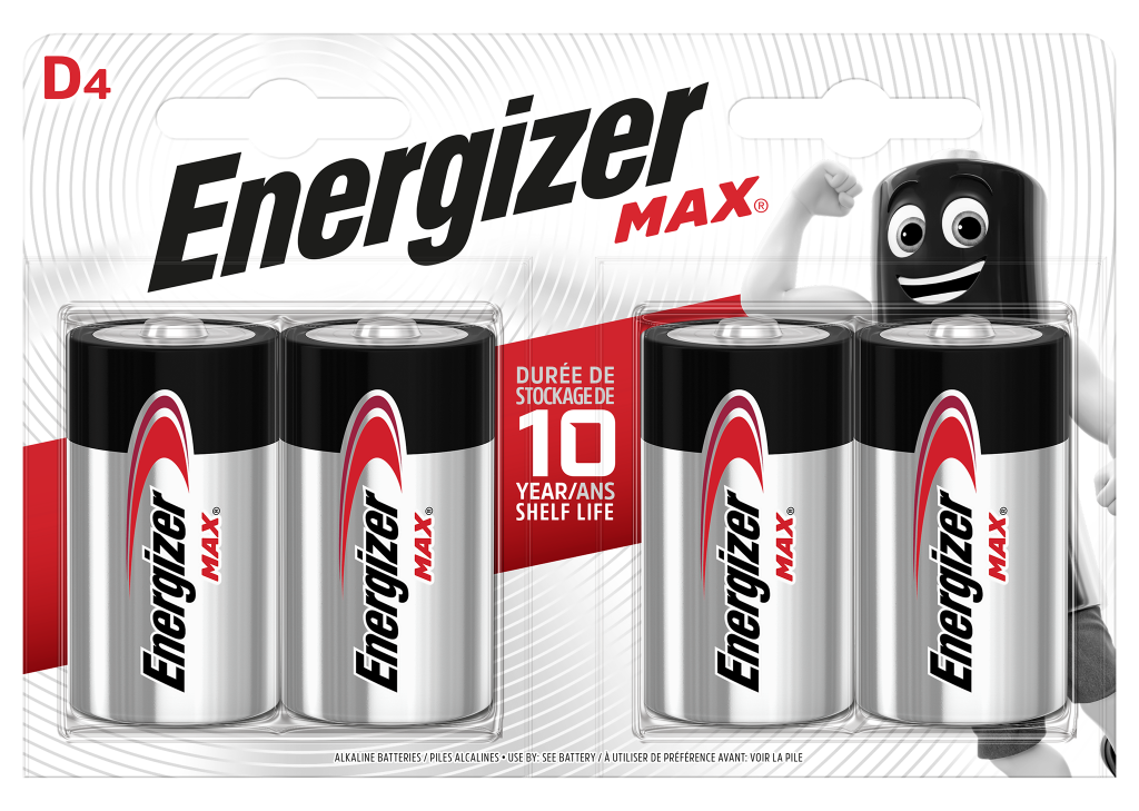 S15276 Energizer D Size Max Alkaline, Pack of 4